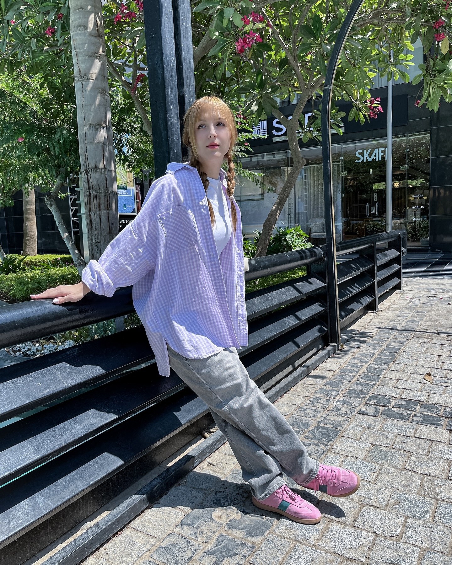 Lilac Check Shirt With Grey Jeans And Pink Sneakers