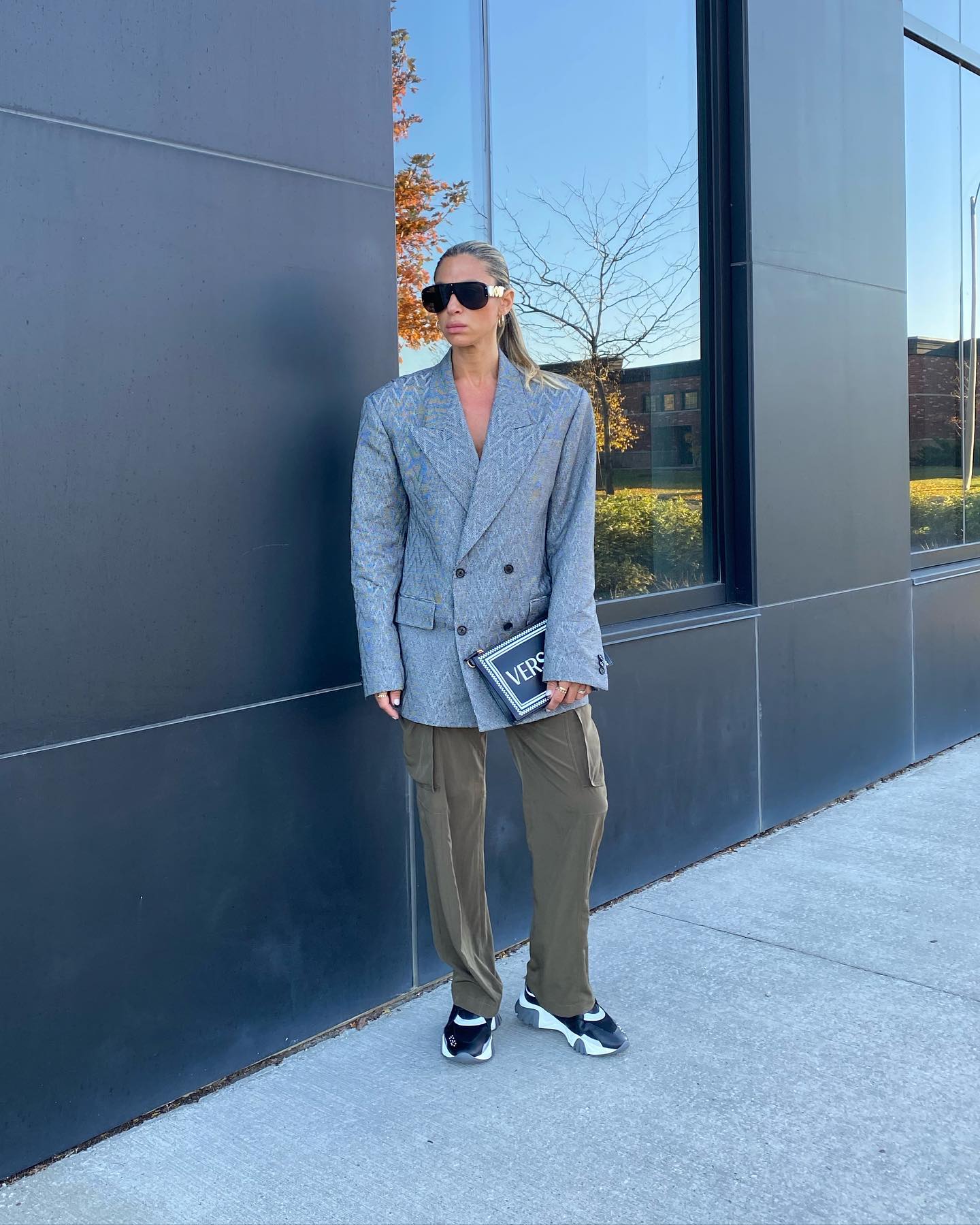 Oversized Patterned Blazer with Cargo Pants
