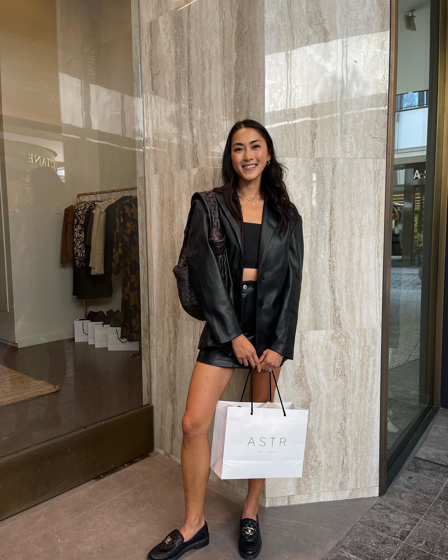 Edgy Leather Blazer and Mini Skirt Transitional Outfit