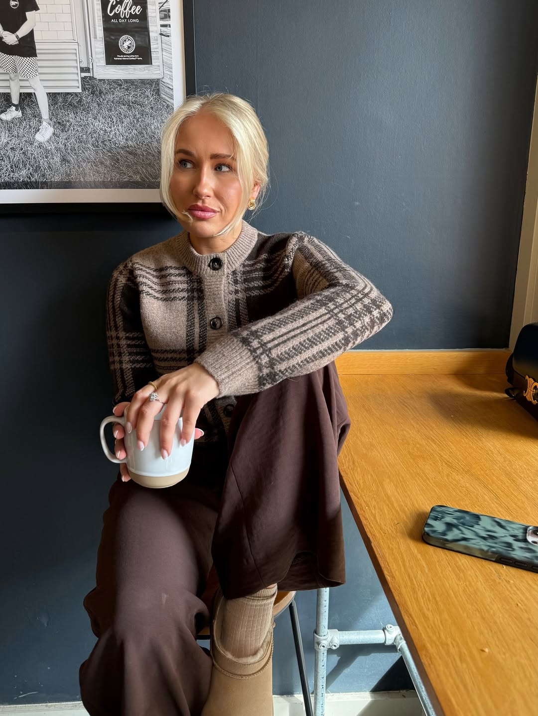 Cozy Checked Cardigan With Wide Leg Trousers