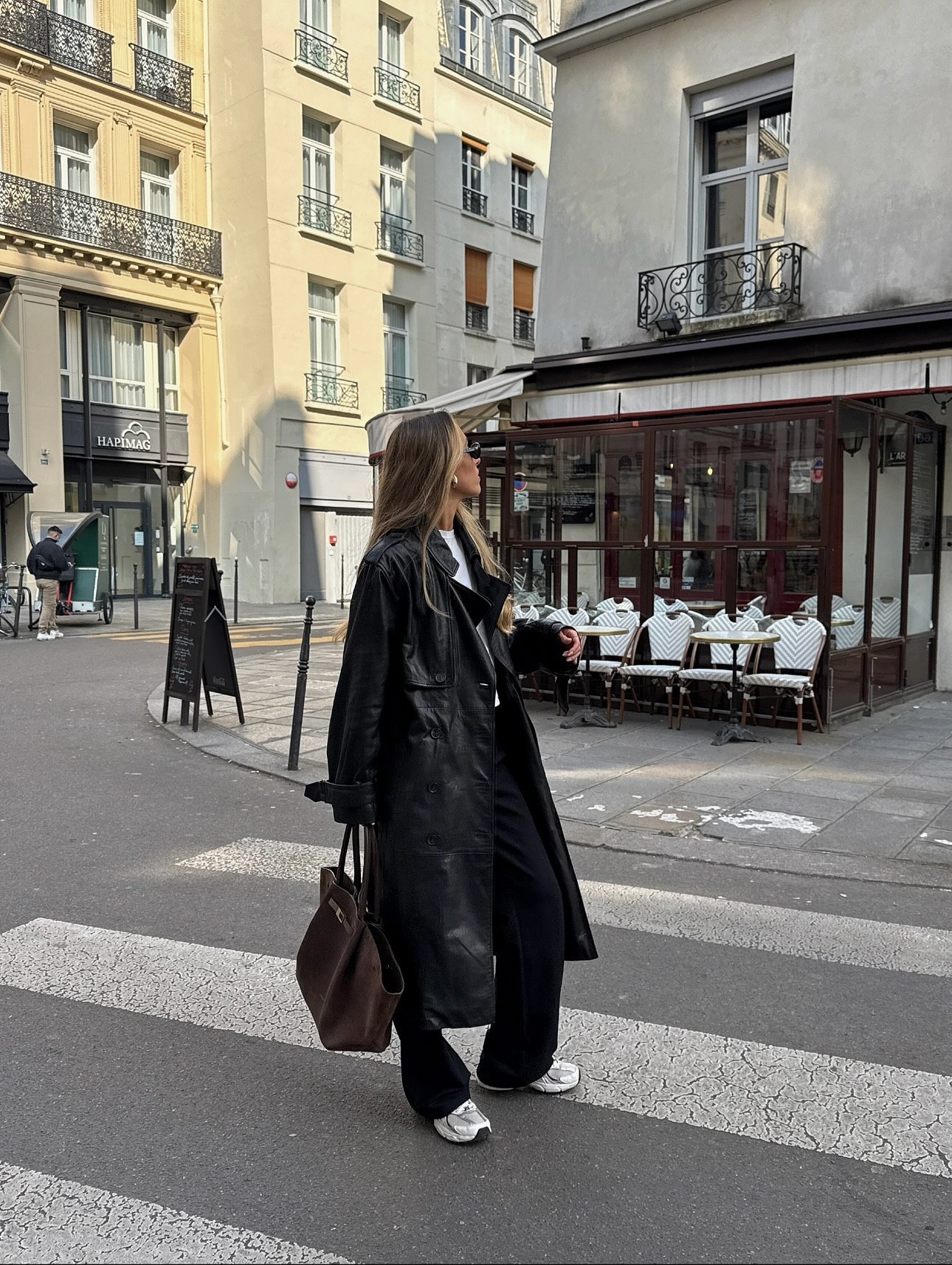 Black Leather Trench Over Black Wide Leg Pants