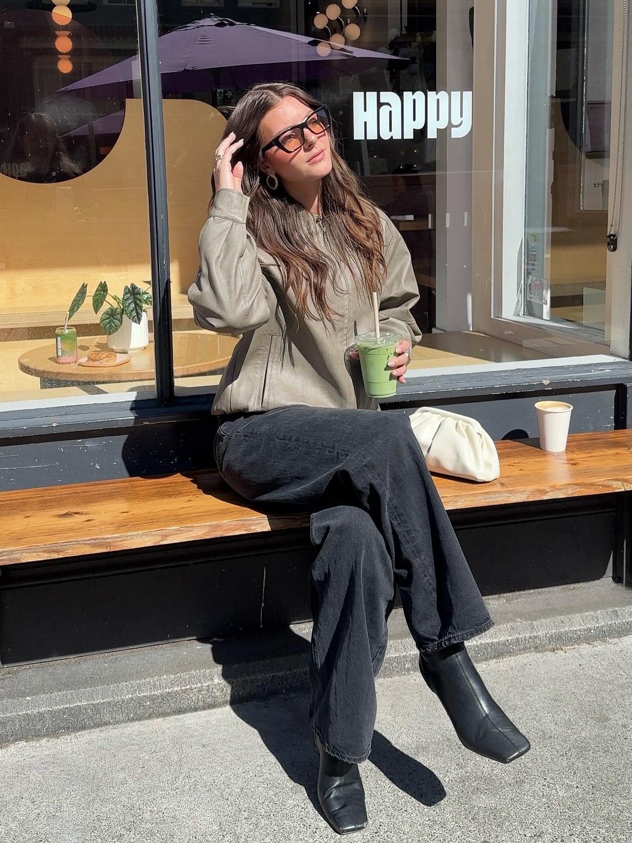 Sage Faux Leather Bomber With Black Wide-Leg Jeans