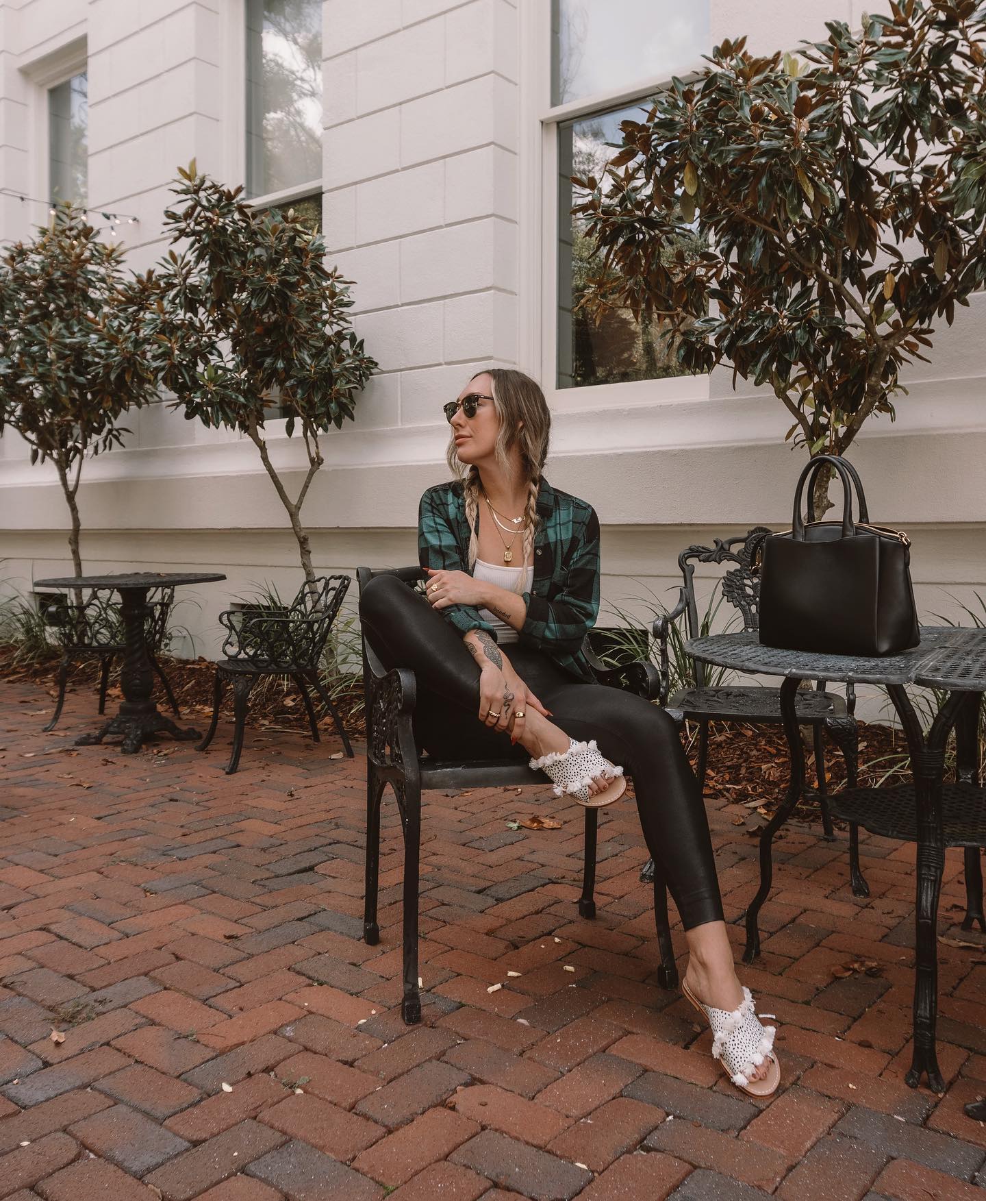 Green Plaid Shacket With Faux Leather Pants