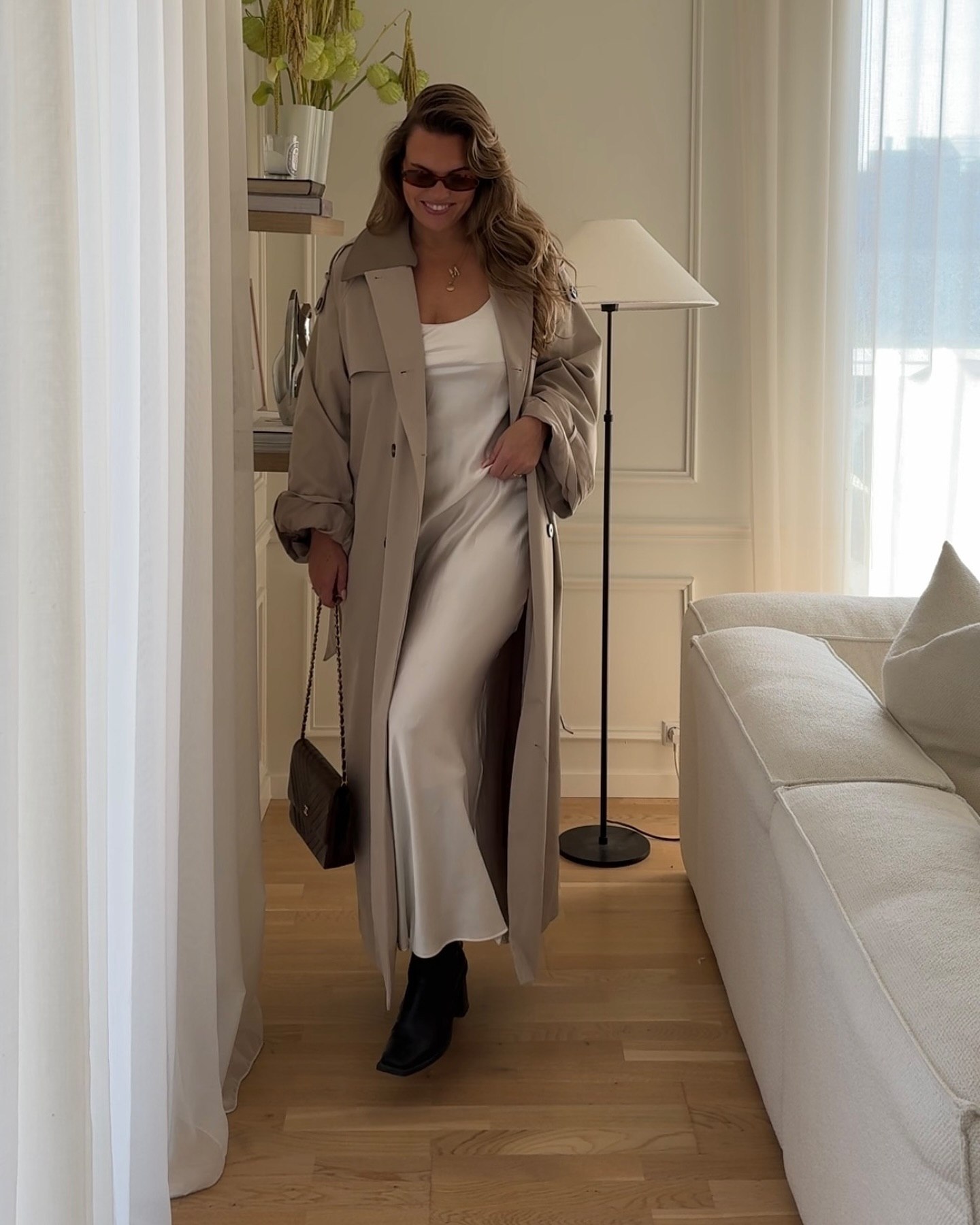 Chic Beige Trench Over Satin Slip Dress