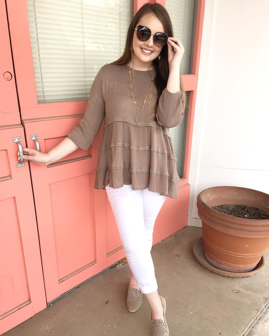 Tiered Mocha Blouse With White Capris And Espadrilles