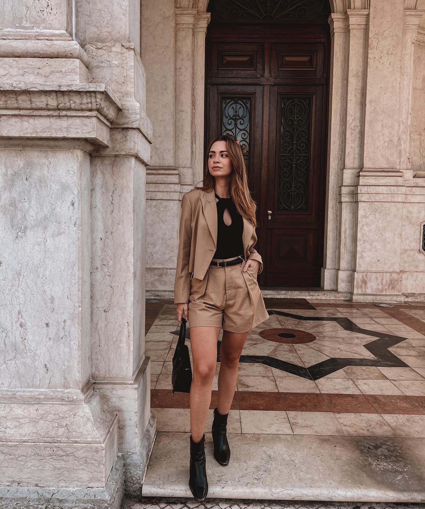 Camel Blazer And Shorts Power Suit Ensemble