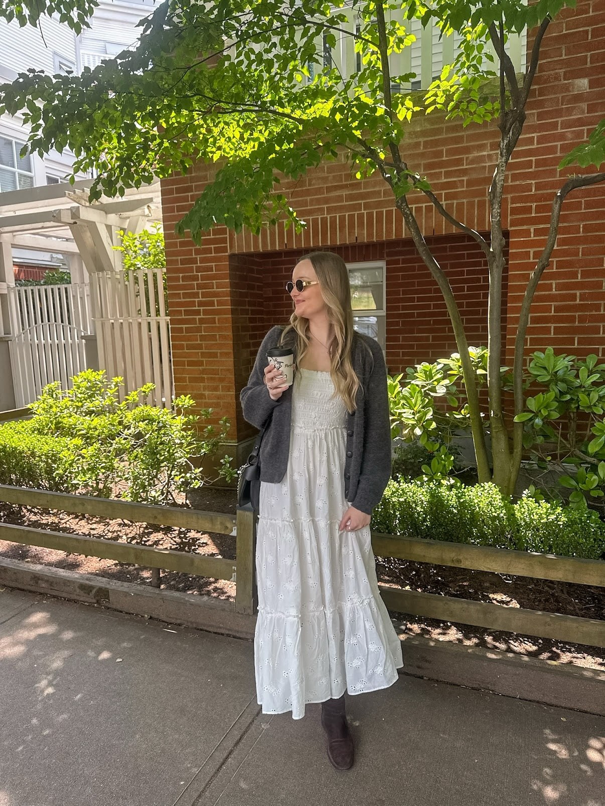 White Eyelet Midi Dress With Dark Cardigan