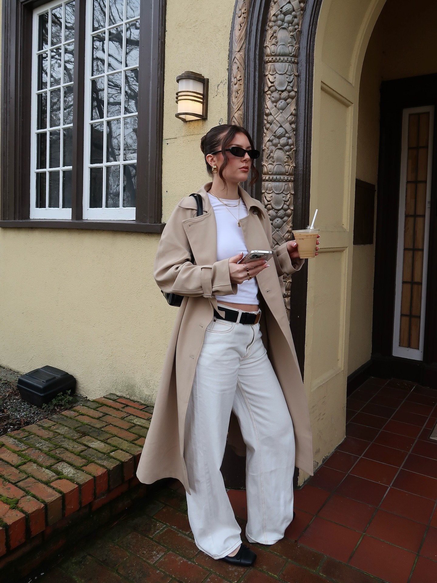 Neutral Trench Coat With Wide Leg Jeans