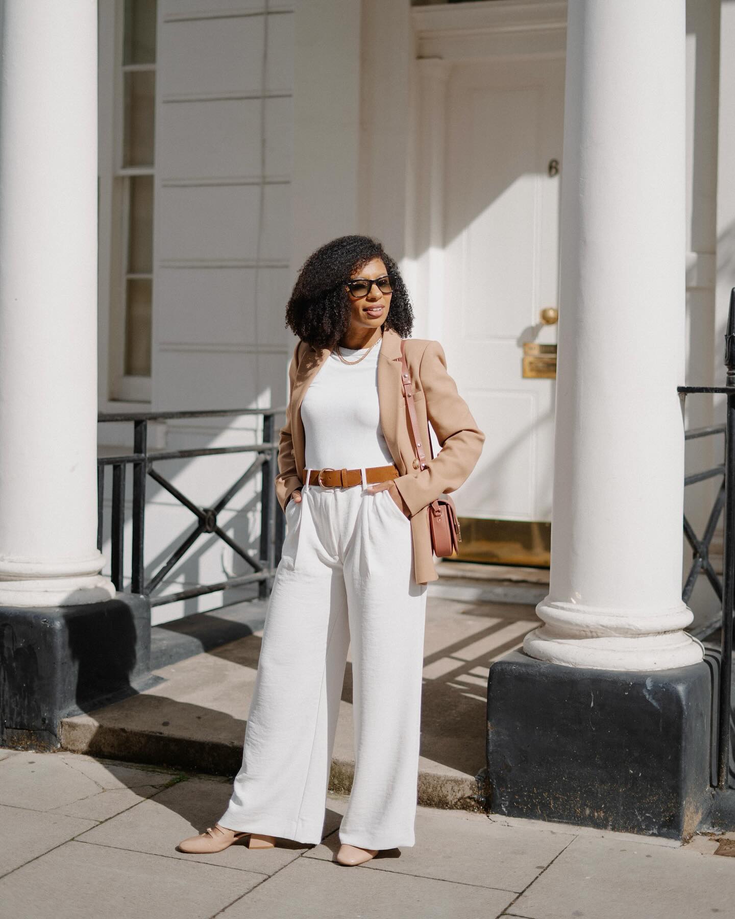 Chic Camel Blazer With Cream Wide-Leg Trousers