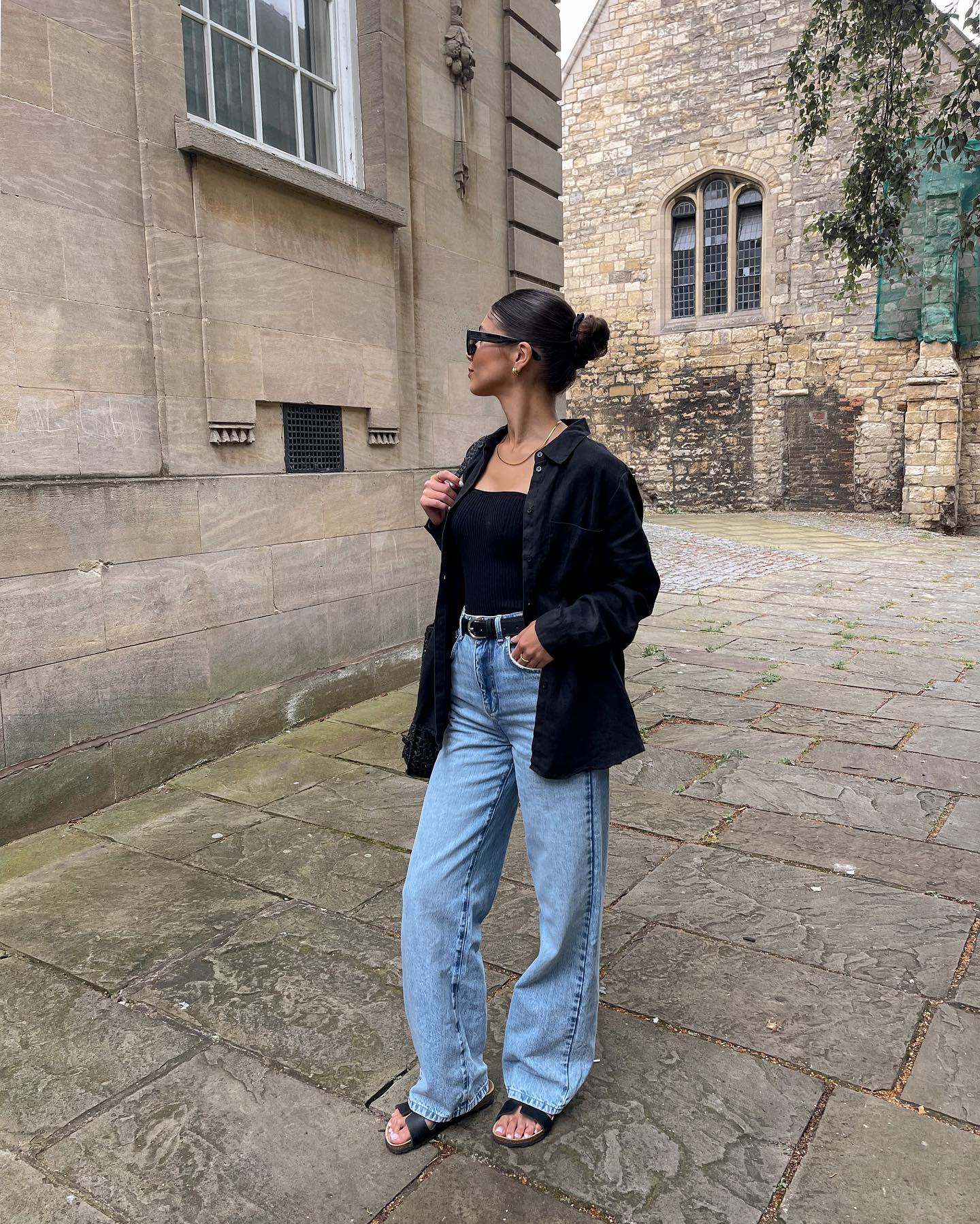 Casual Black Shirt Over Ribbed Tank And Wide Leg Jeans