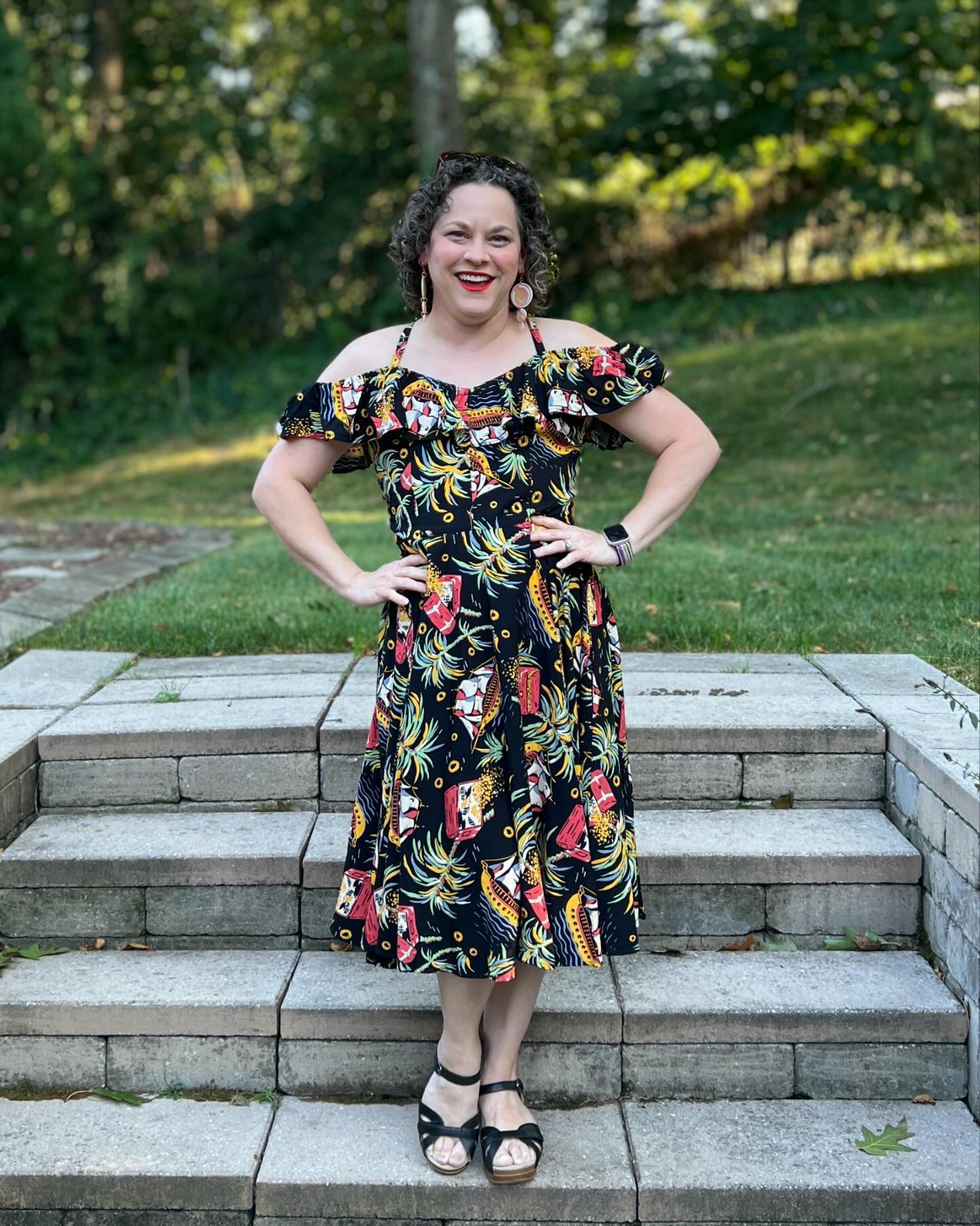 Tropical Print Off-the-Shoulder Midi Dress Outfit