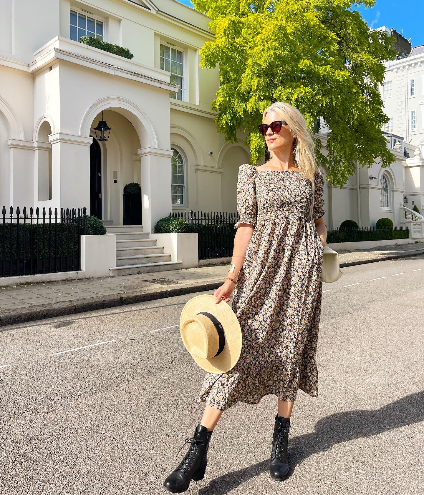 Floral Midi Dress With Combat Boots And Straw Hat