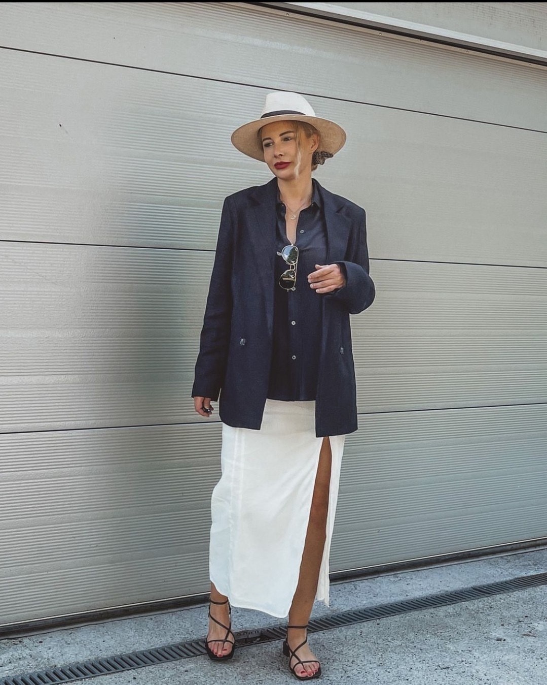 Navy Blazer With Silk Maxi Skirt & Straw Hat