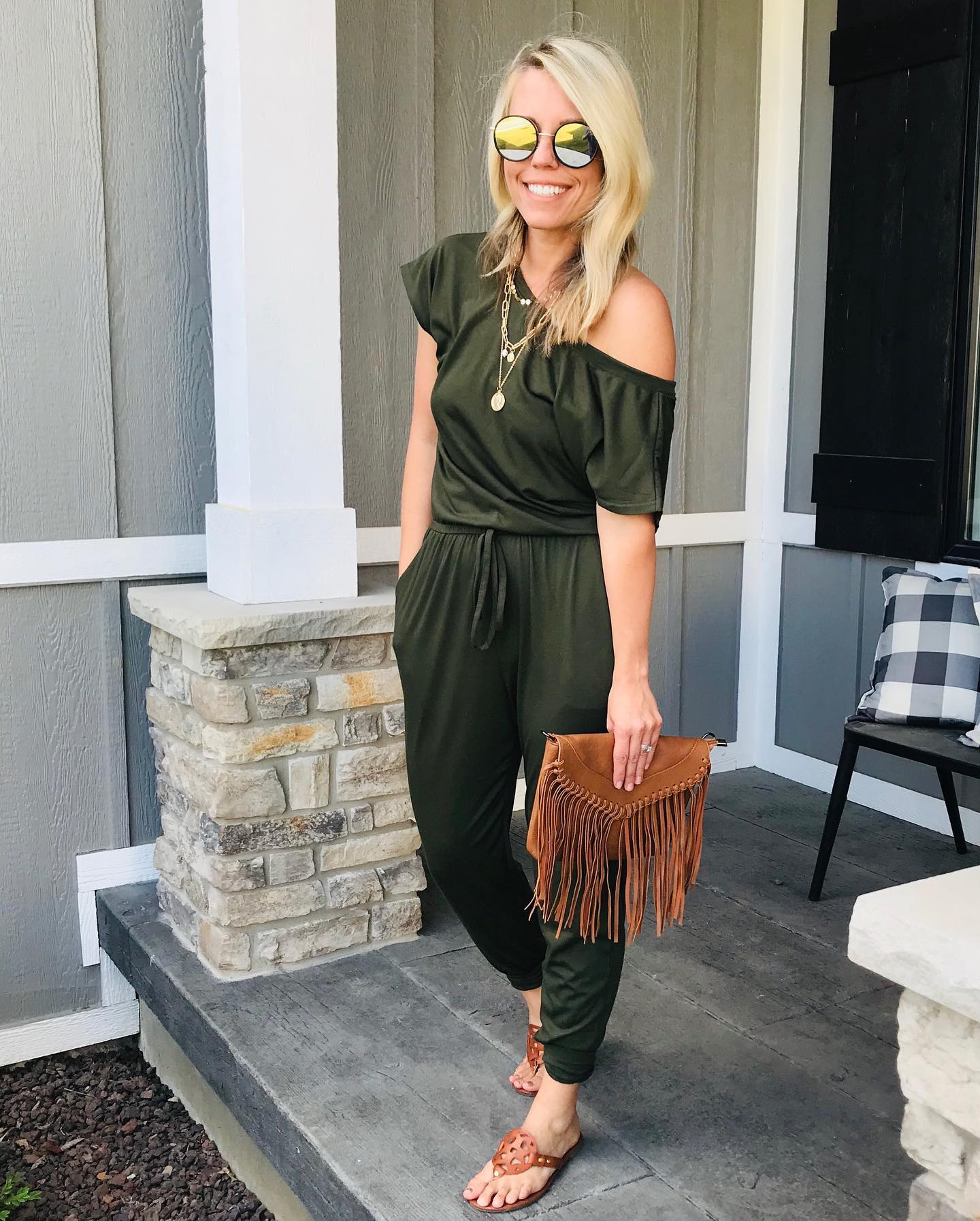 Olive One-Shoulder Jumpsuit With Fringe Bag