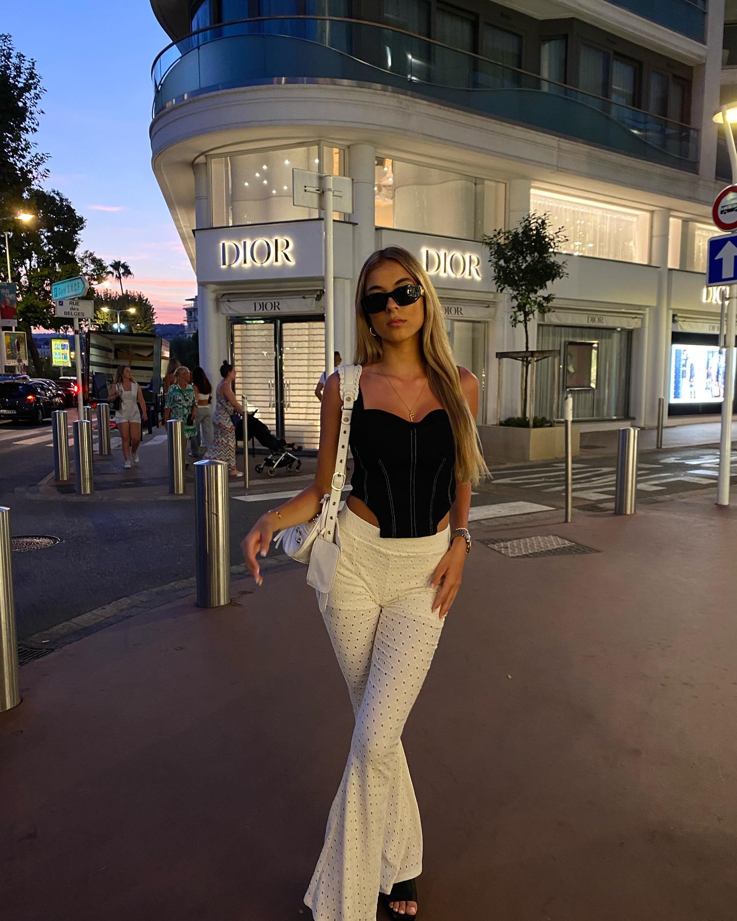 Corset Top With White Eyelet Flare Pants