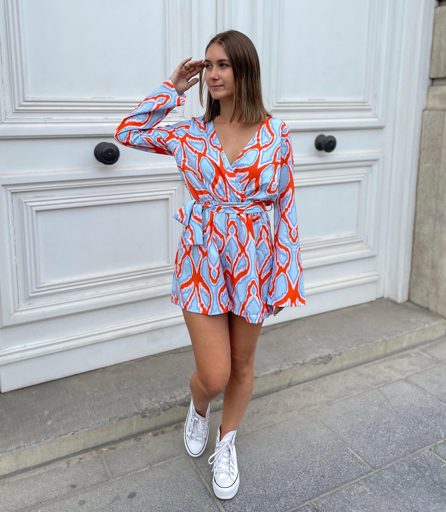 Bold Print Wrap Romper With Platform Sneakers