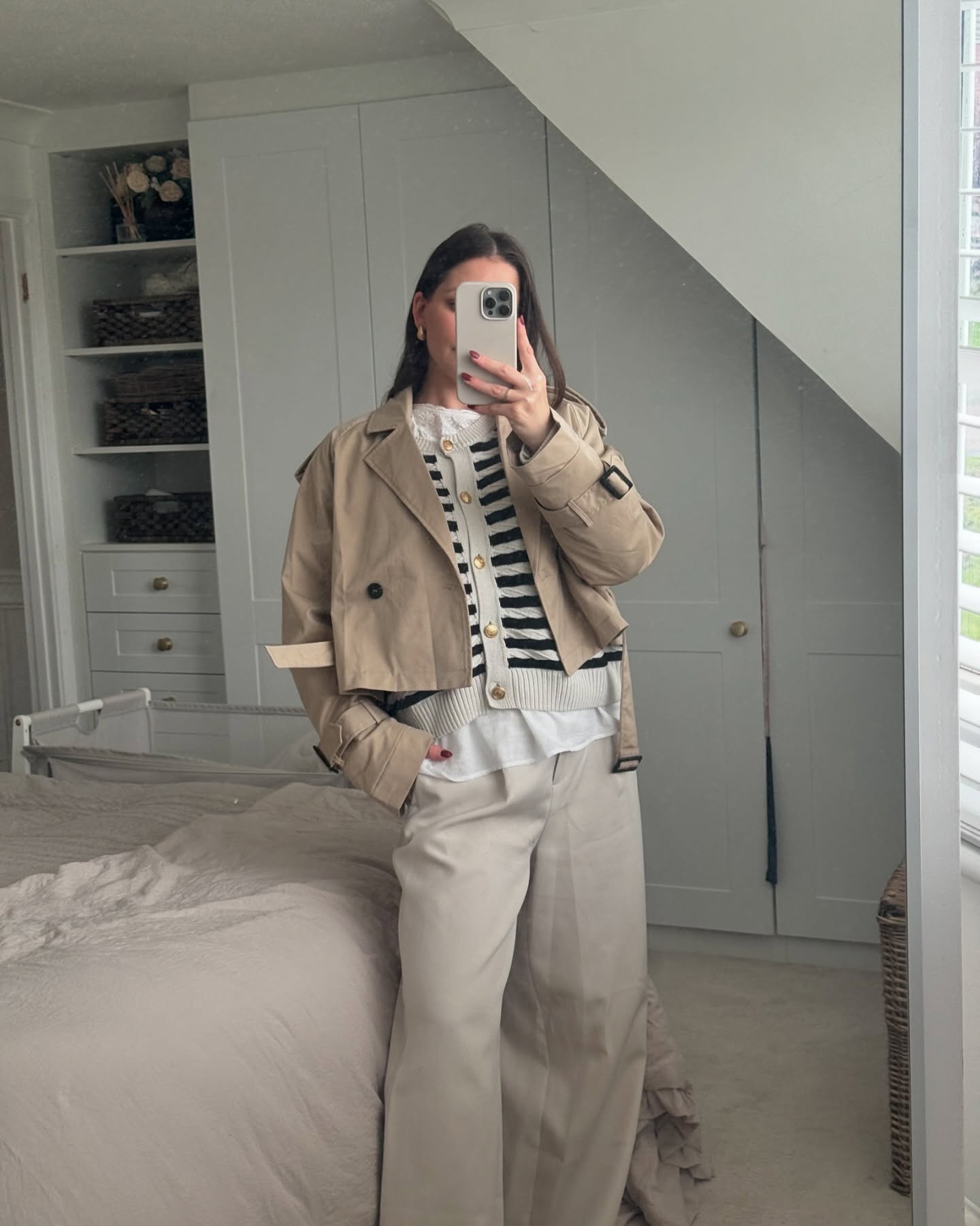 Beige Cropped Trench Over Striped Cardigan Outfit