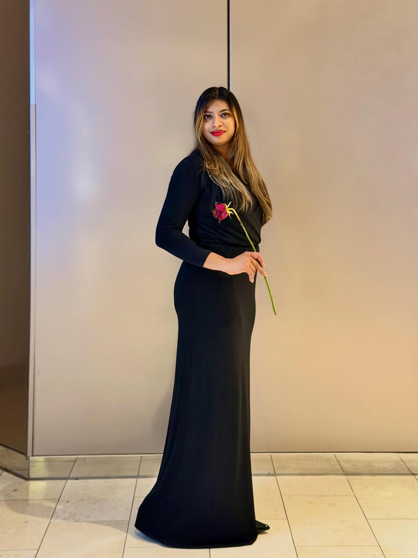 Elegant Black Maxi Dress With Red Rose Accent