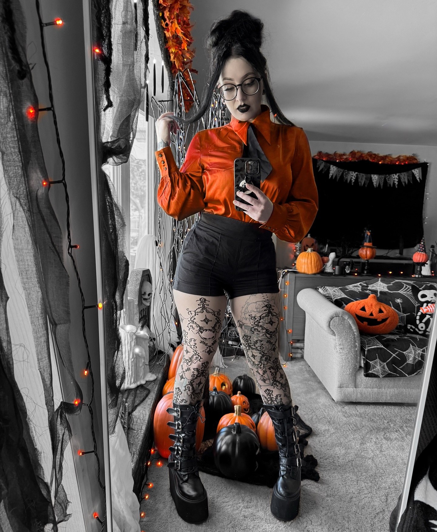 Gothic Glamour Orange Blouse & Black Shorts Halloween