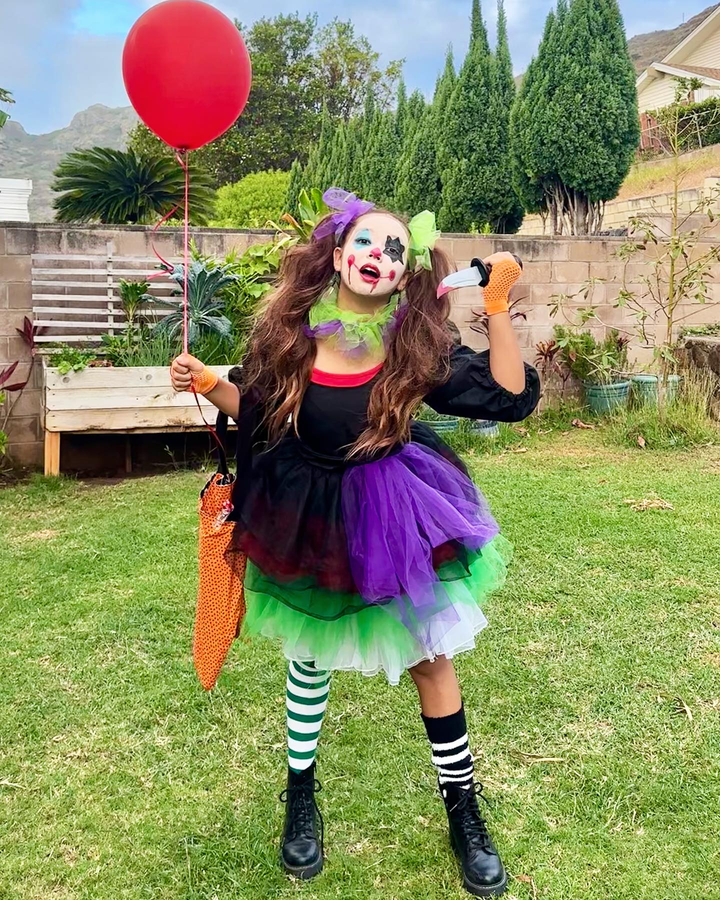 Spooky Clown Costume With Tulle Skirt And Red Balloon
