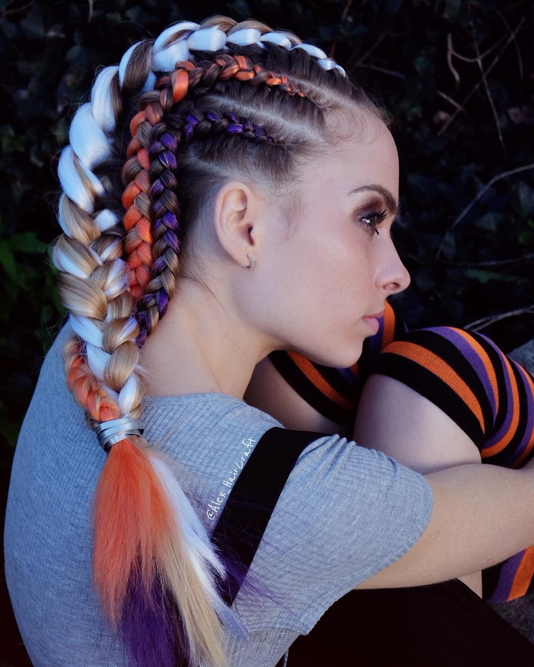 Braided Hair With Fiery Orange, Purple, and Blonde Accents