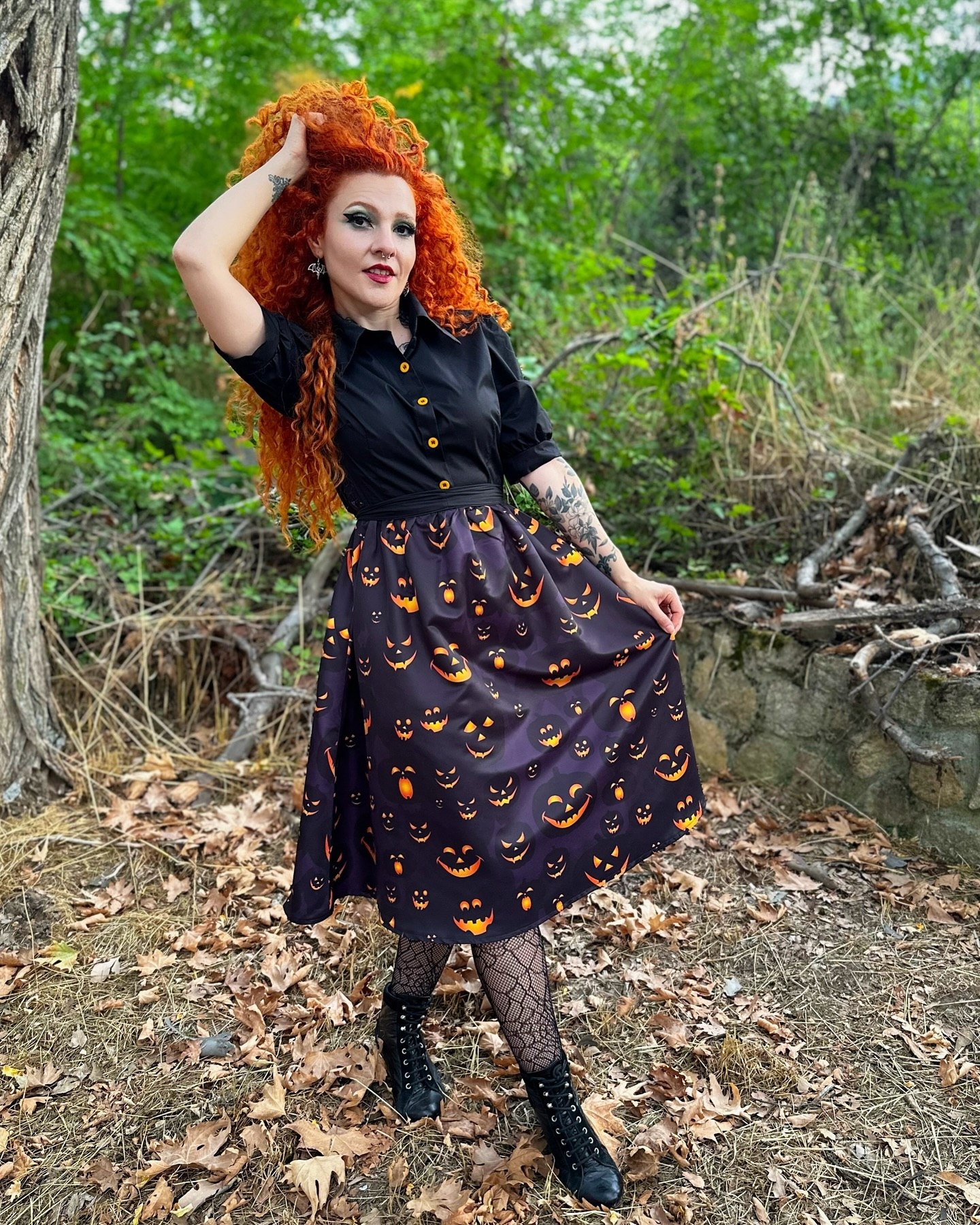 Bewitching Black Shirt With Jack-o'-lantern Midi Skirt