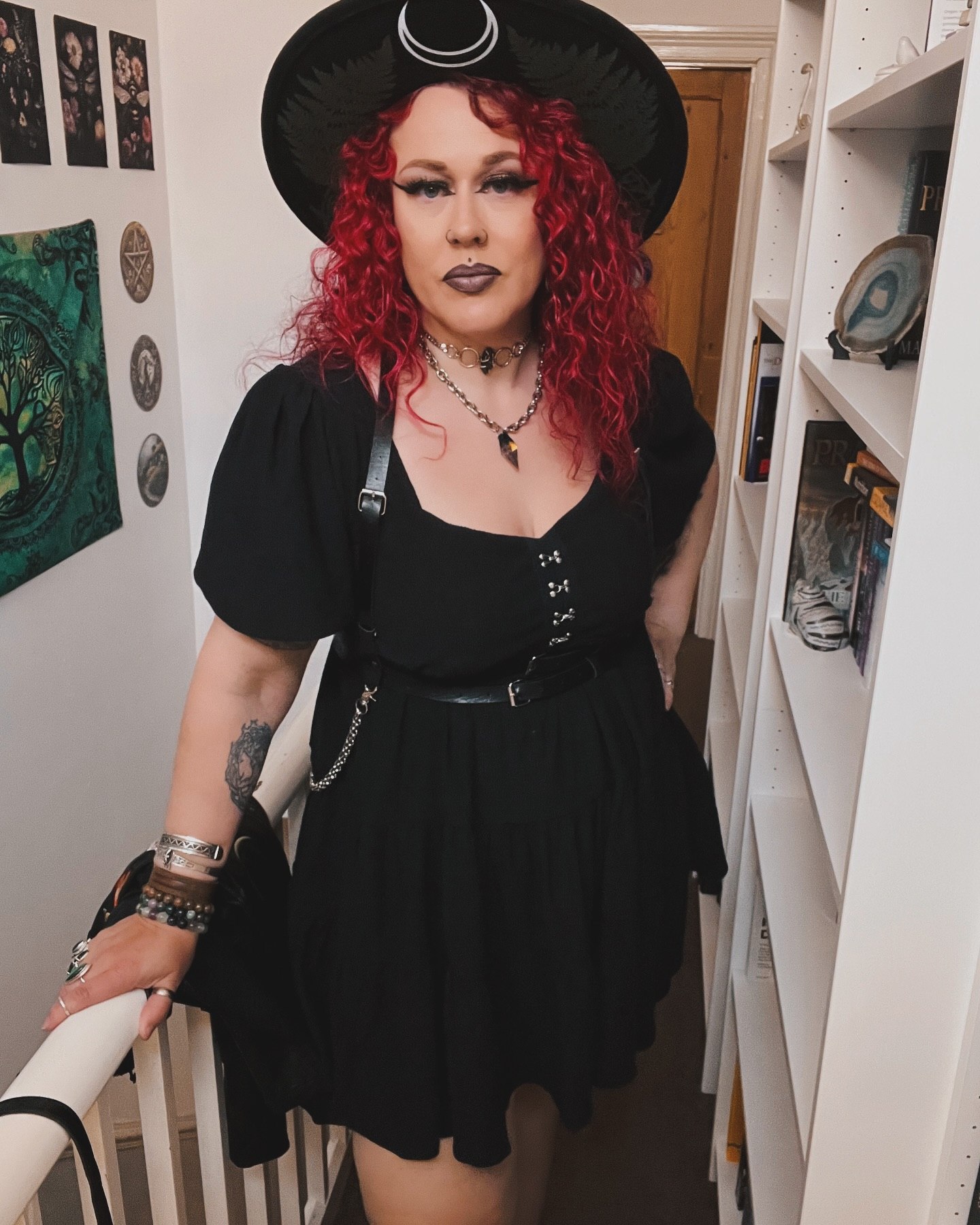 Black Puff Sleeve Dress With Harness and Witch Hat
