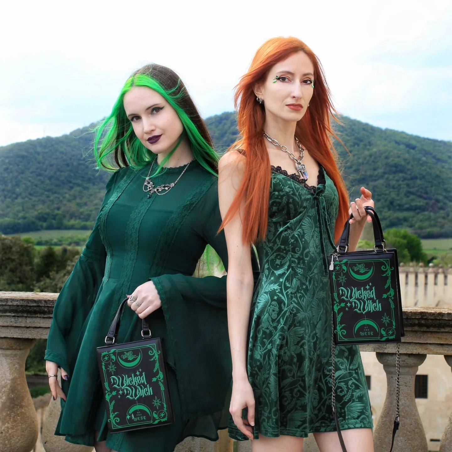 Dark Emerald Mini Dress With Witchy Book Bag