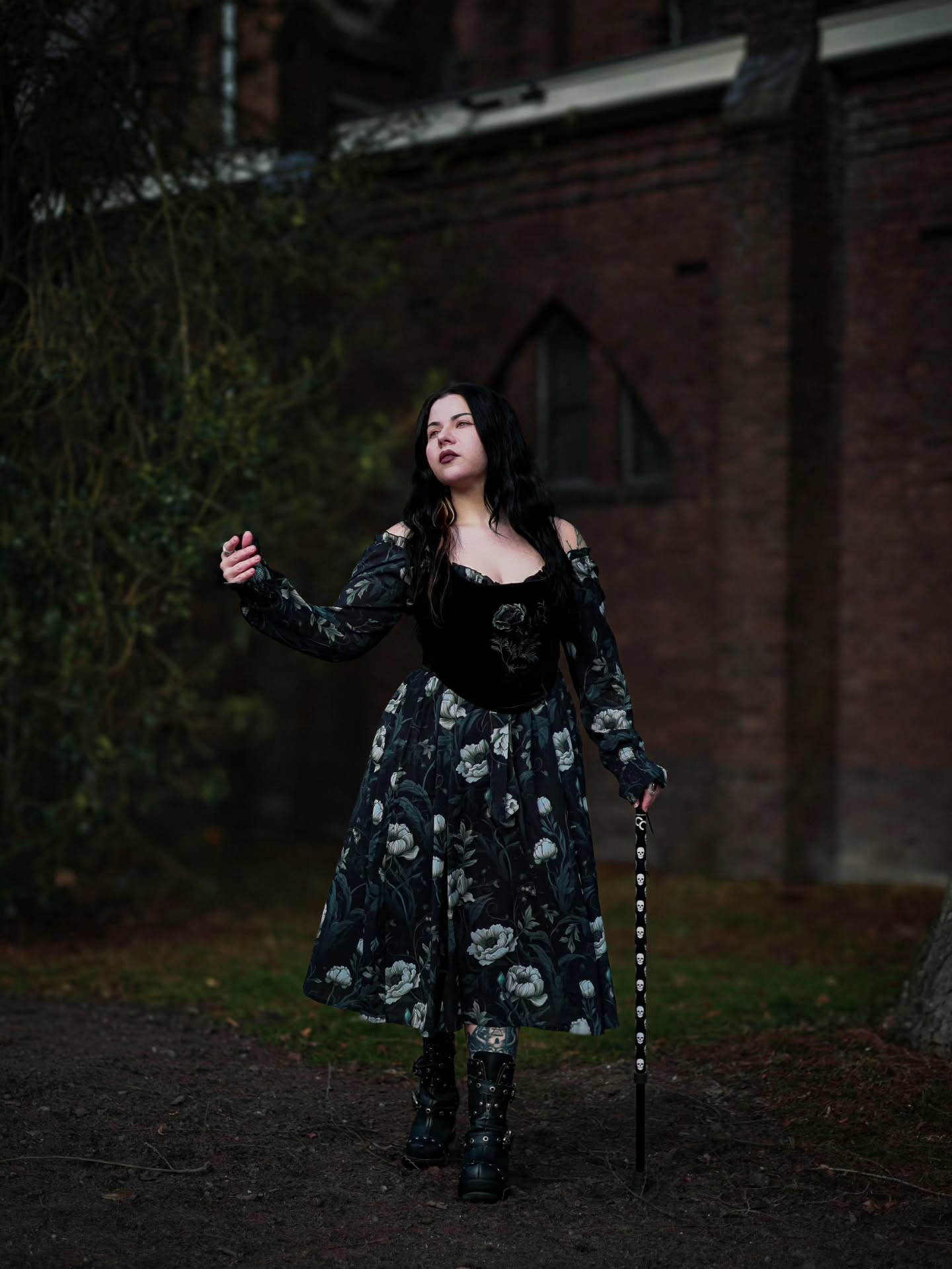 Dark Floral Maxi Dress With Punk Boots