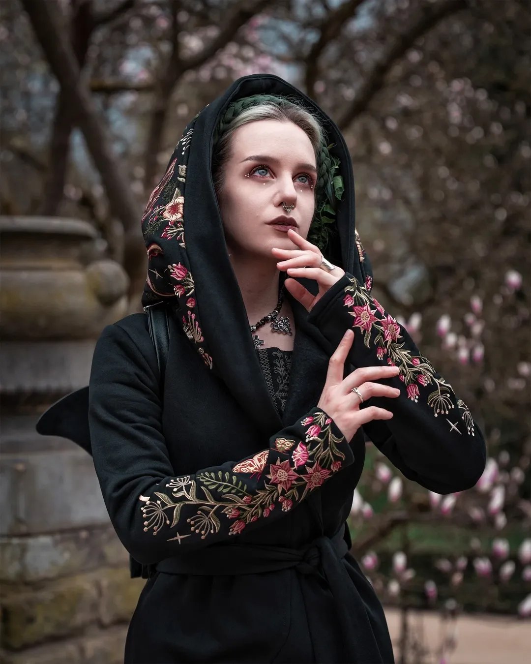 Embroidered Black Hooded Coat With Gothic Dress