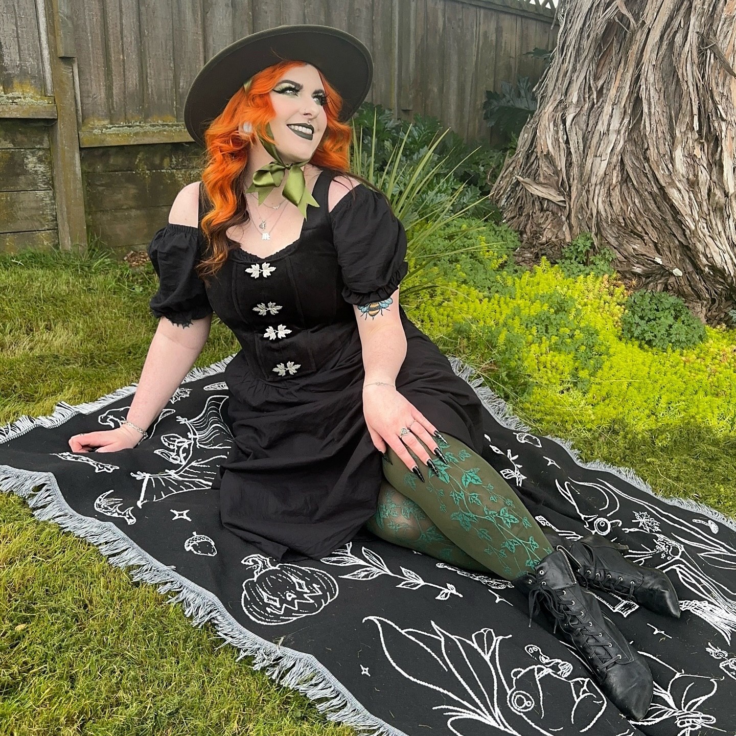 Dark Academia Witchy Vibes Off-Shoulder Dress and Boots Look