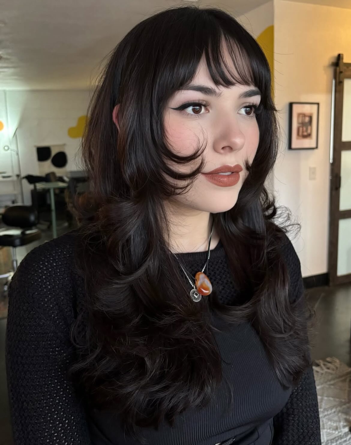 Dark Cherry Layered Cut With Wispy Bangs