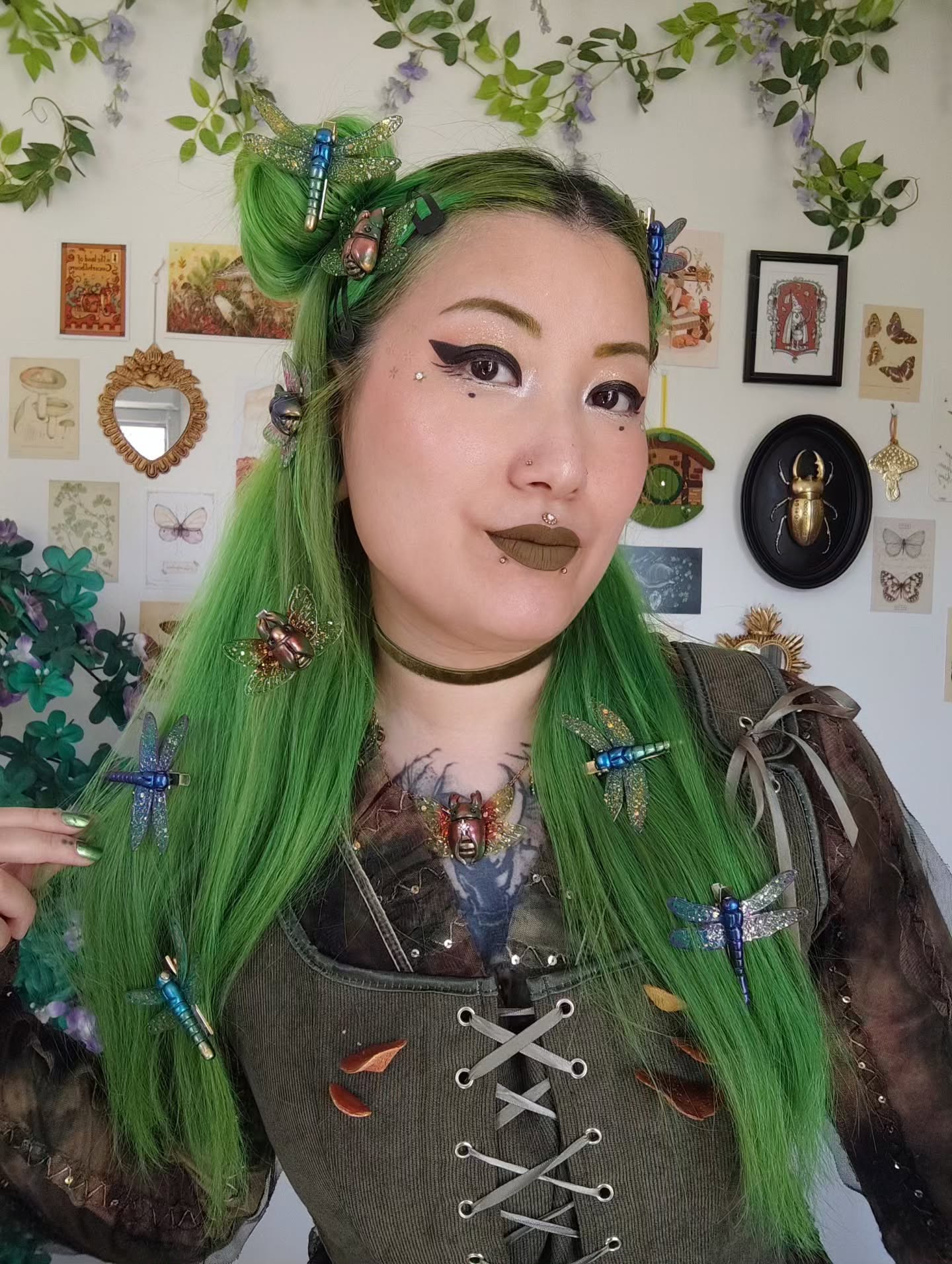 Enchanted Forest Green Hair With Insect Adornments