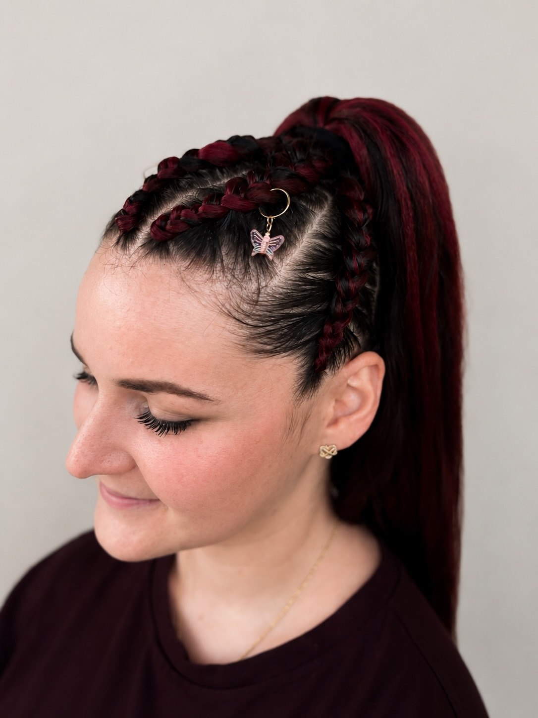 Crimson Braids With Butterfly Charm Accent