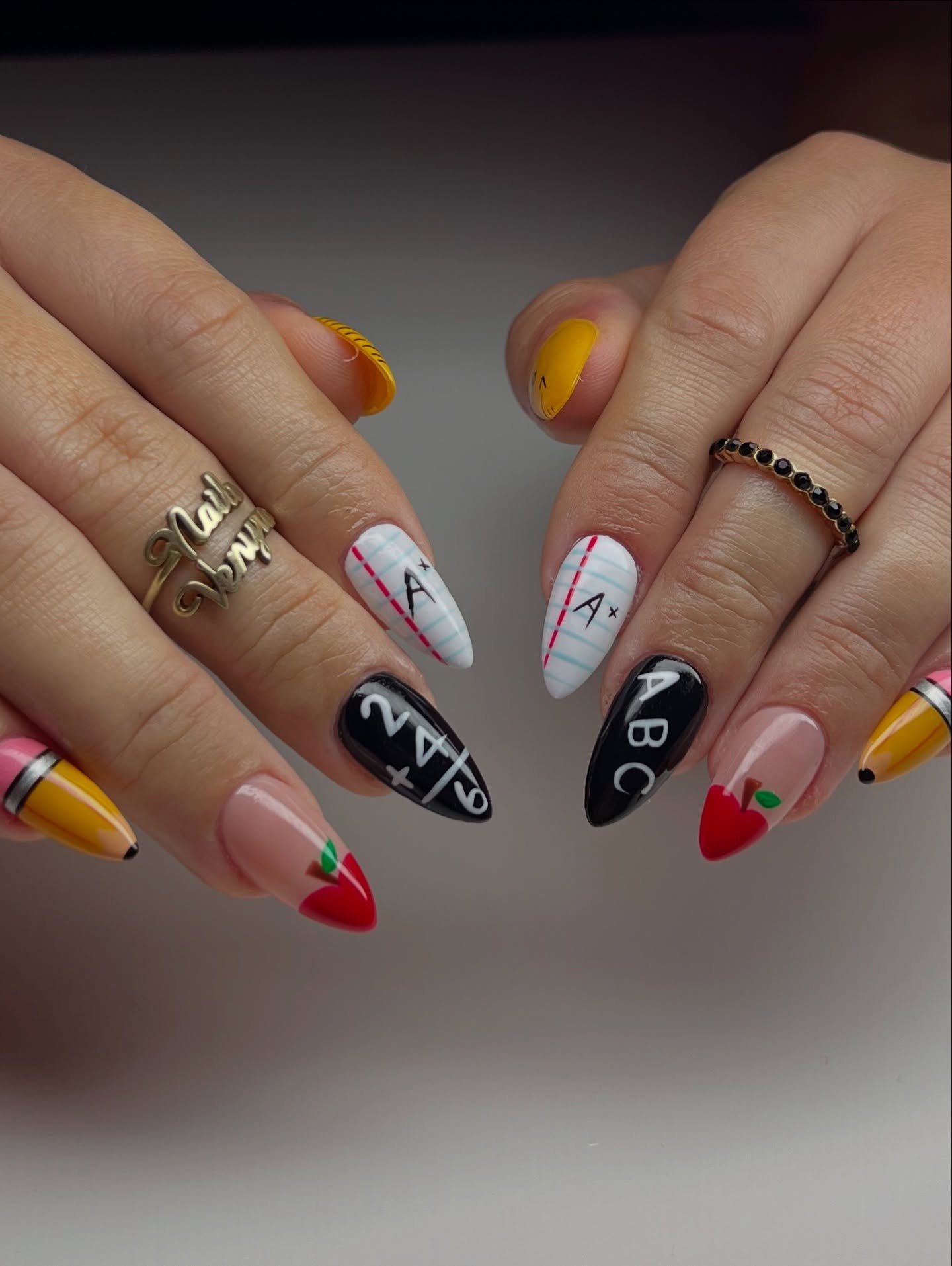 Back To School Pencil And Apple French Tip Nails