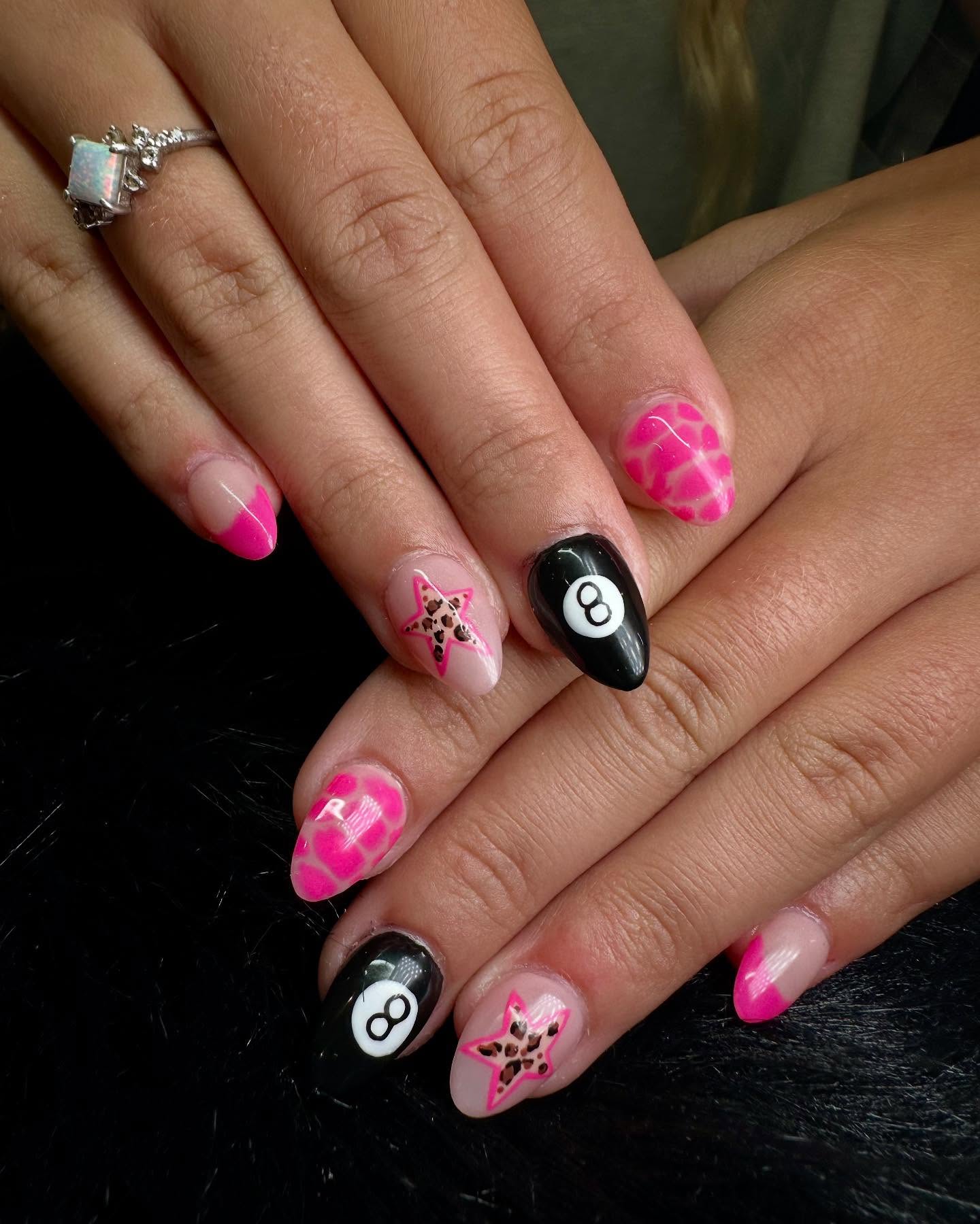 Bright Pink Animal Print and 8-Ball Accent Nails
