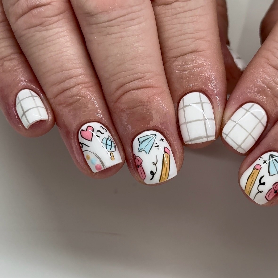 Back To School Grid and Doodle Nails