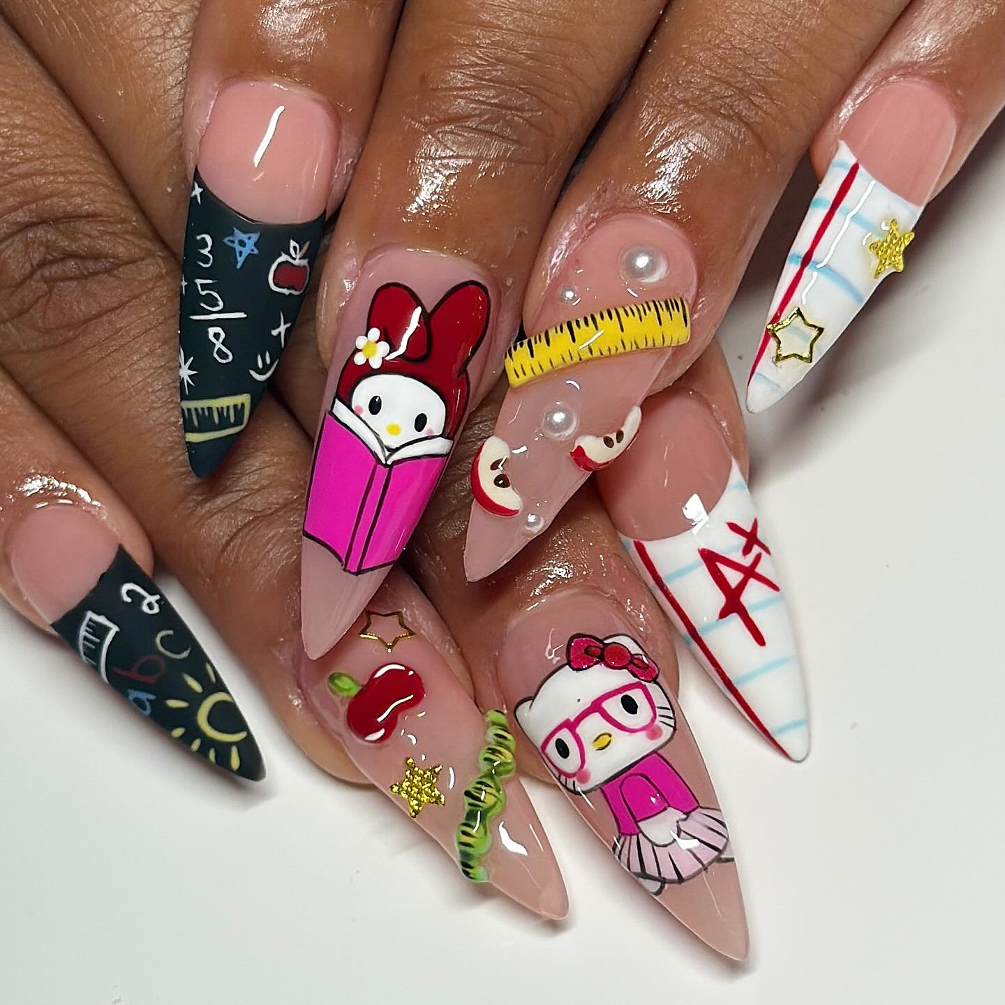 Back to School Character Art Stiletto Nails