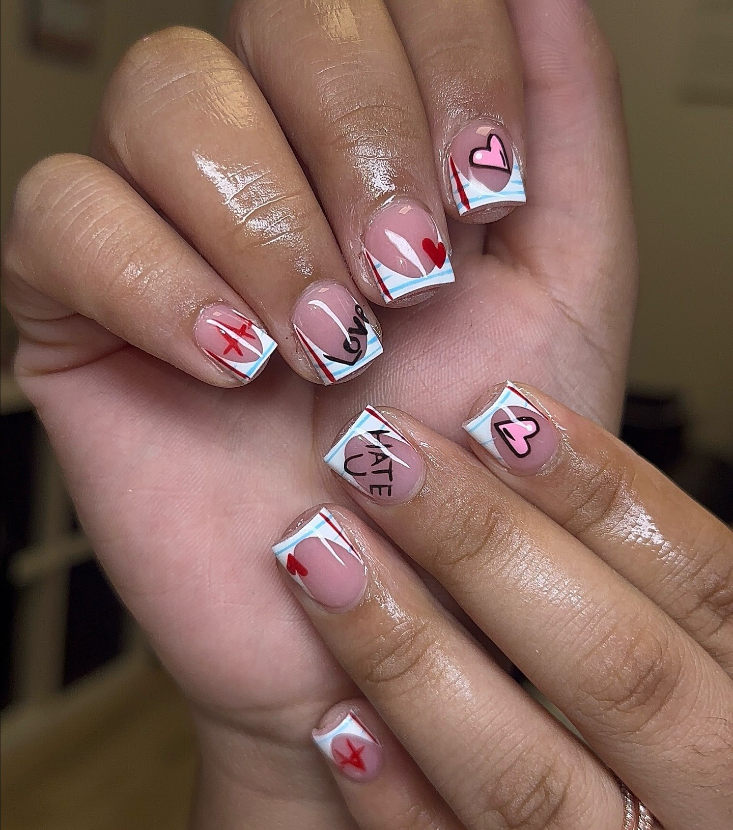 Cute Hearts and 'Hate You' Note French Tips