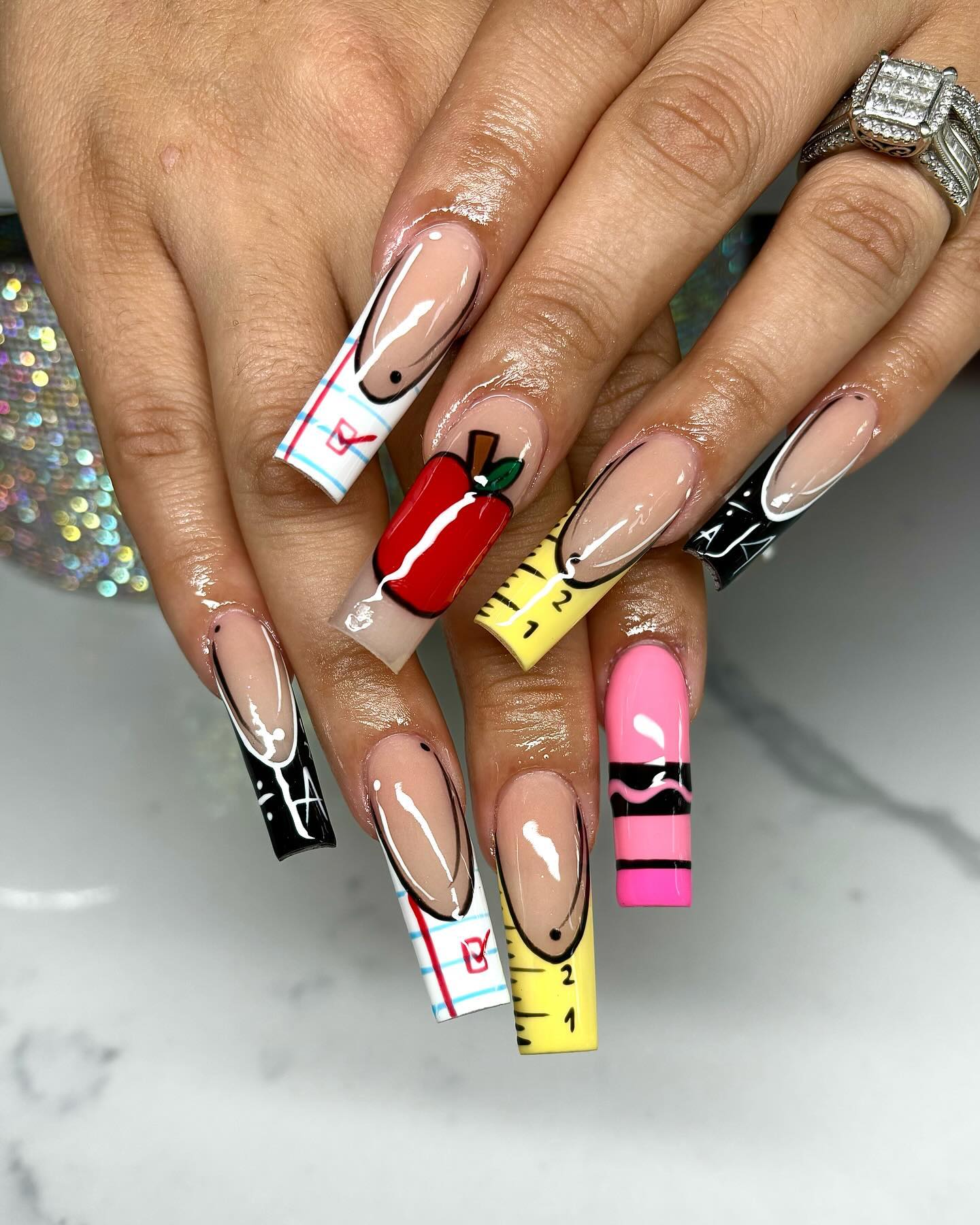 Playful School Supplies French Tip Nails