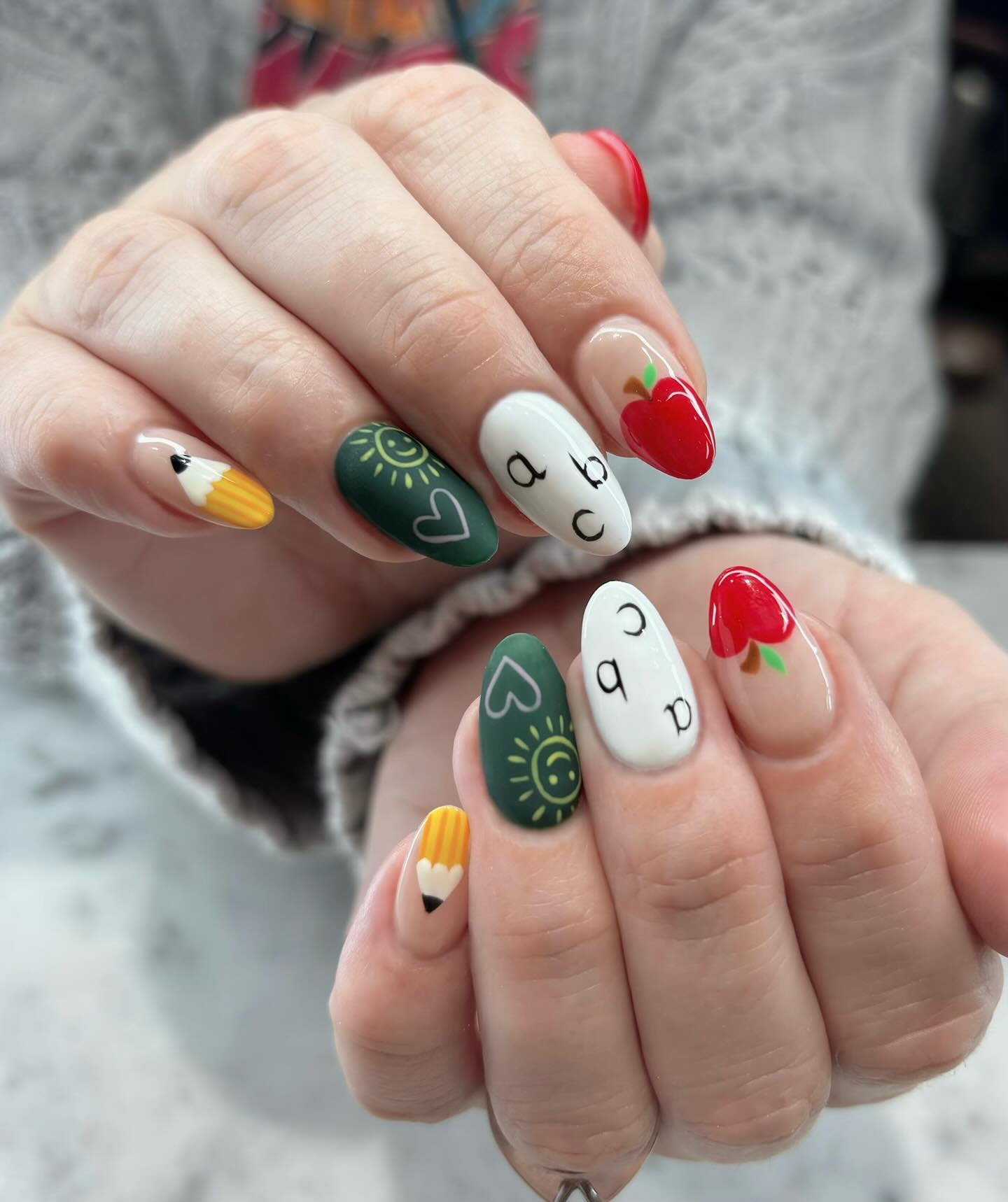 Pencil and Apple Back to School Almond Nails