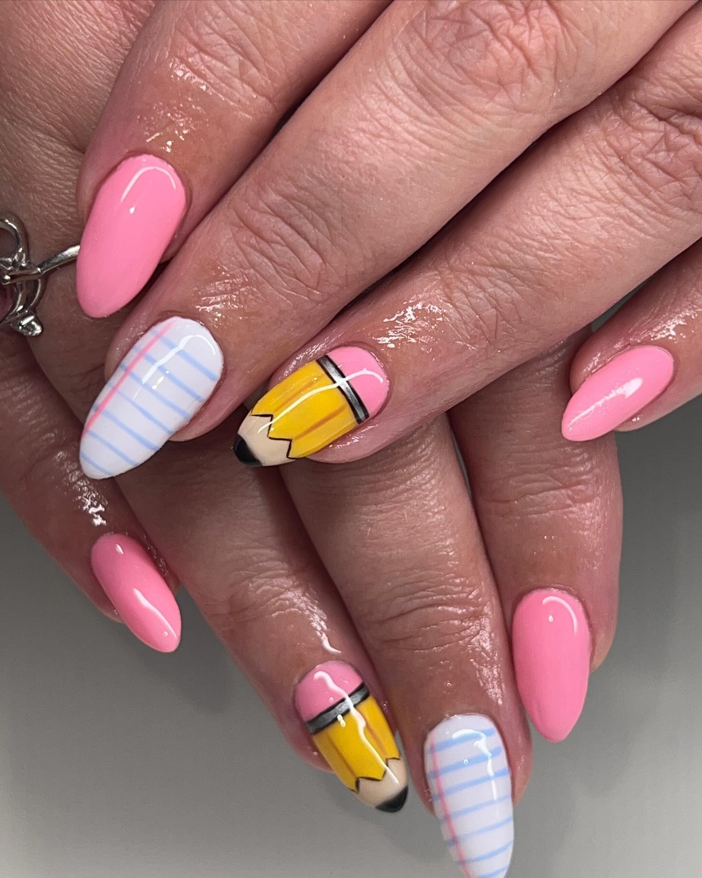 School Pencil Pink Almond Nails