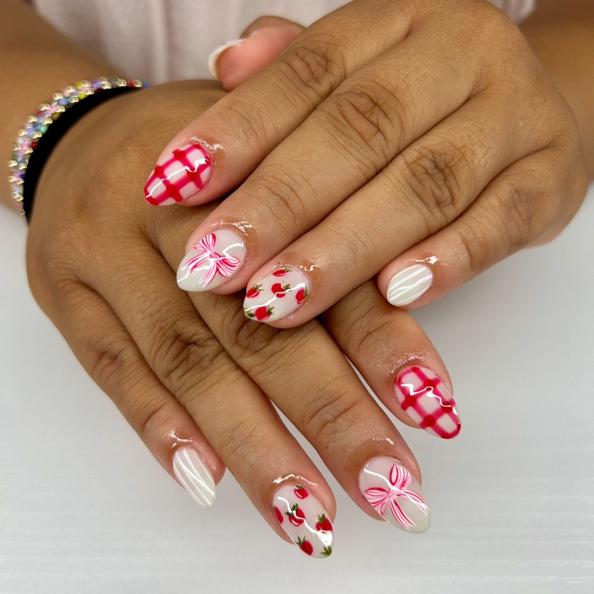 Cheery Strawberry & Gingham Almond Nails
