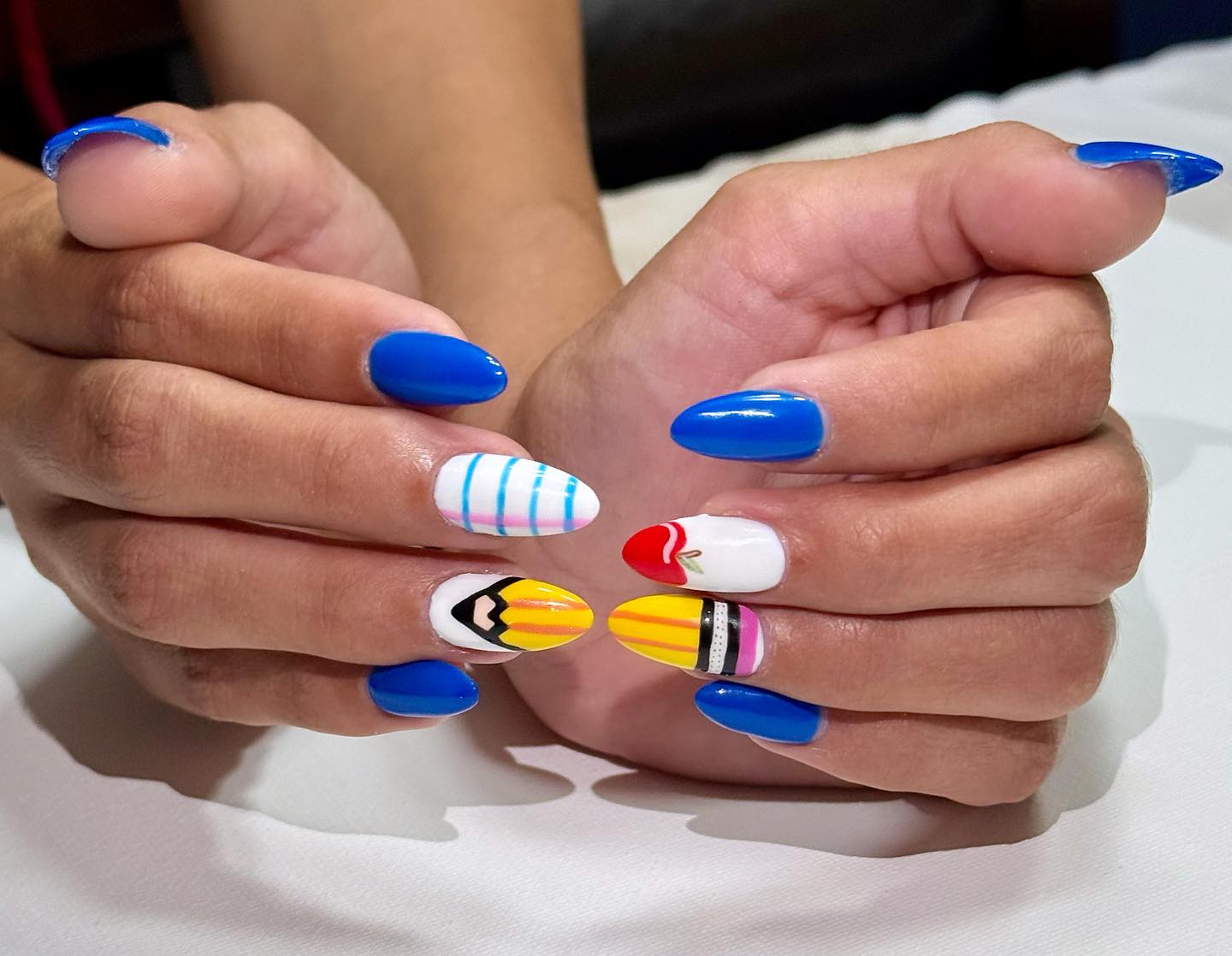 Pencil And Apple Back To School Almond Nails