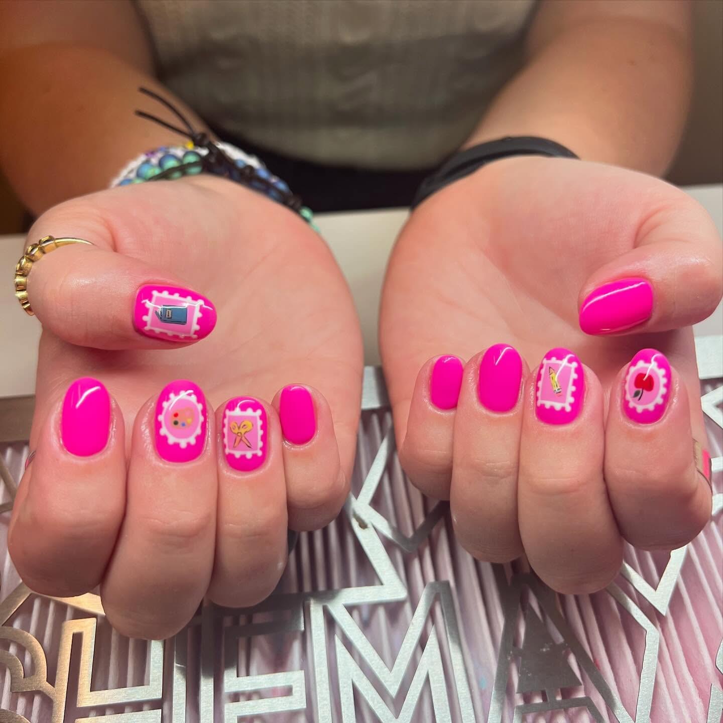 Vibrant Pink Stamp Art Medium Almond Nails