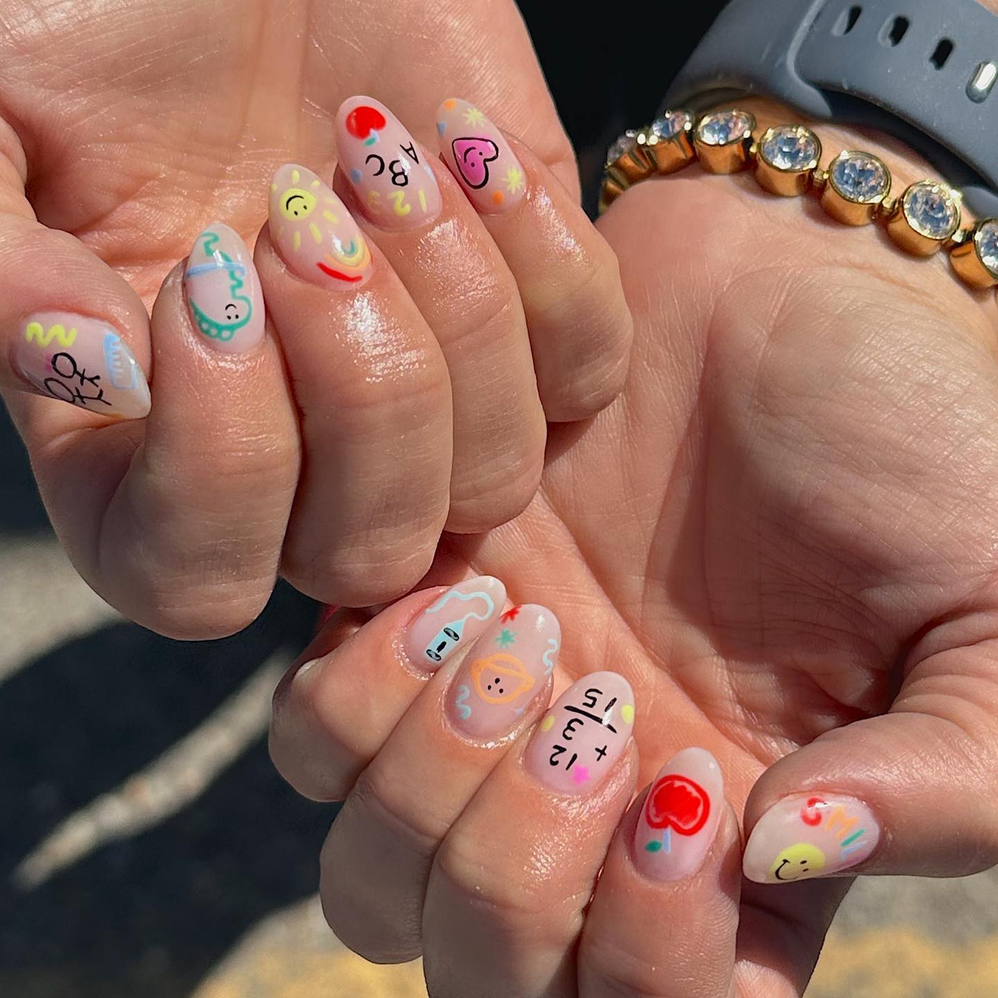 Playful Back To School Doodles Almond Nails