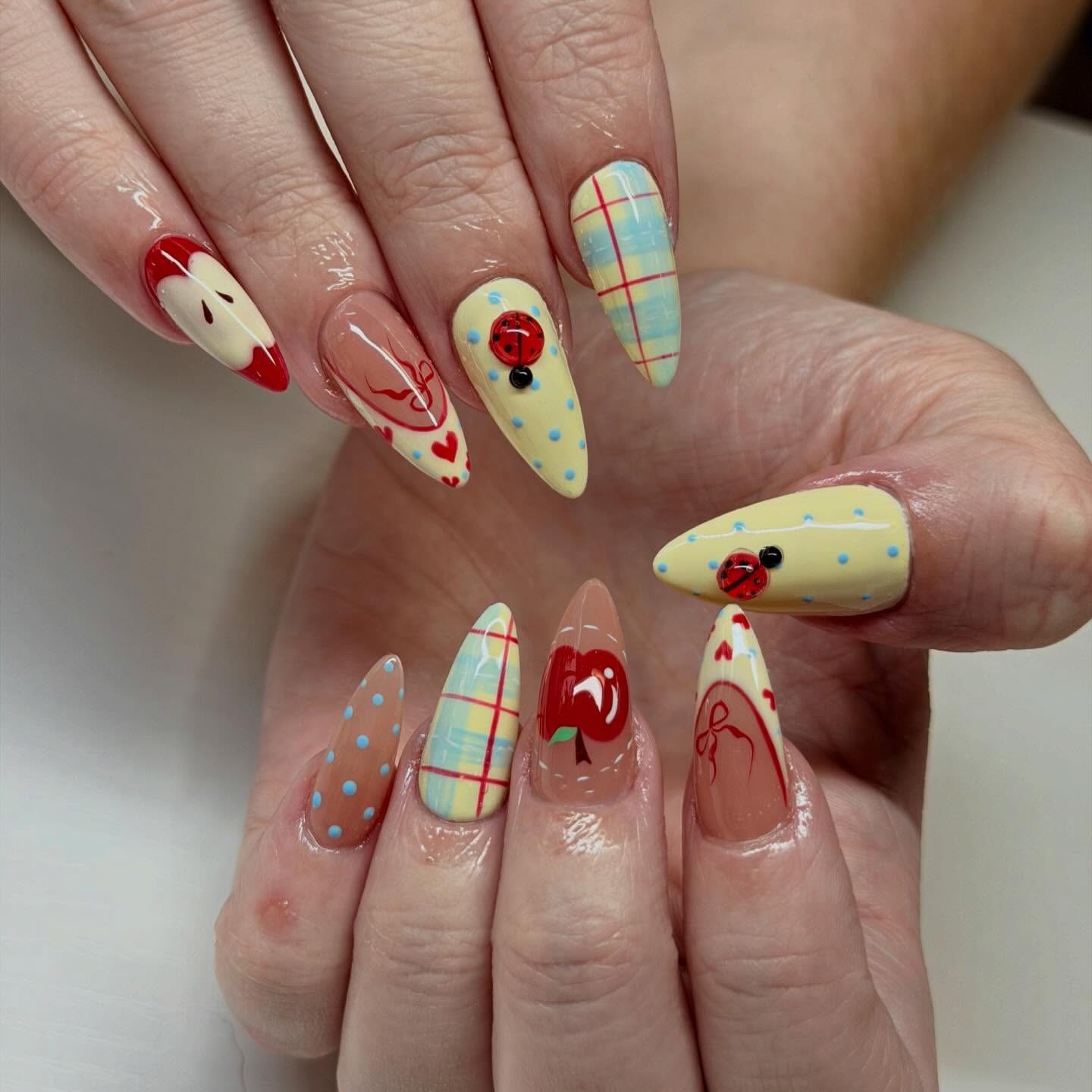 Whimsical Back-To-School Apple & Ladybug Almond Nails