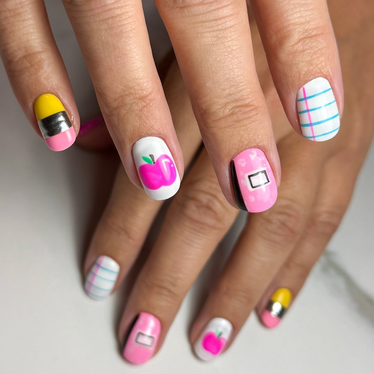 Back To School Apple Pencil Plaid Nails