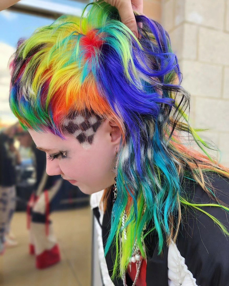 Rainbow Mullet With Checkerboard Undercut