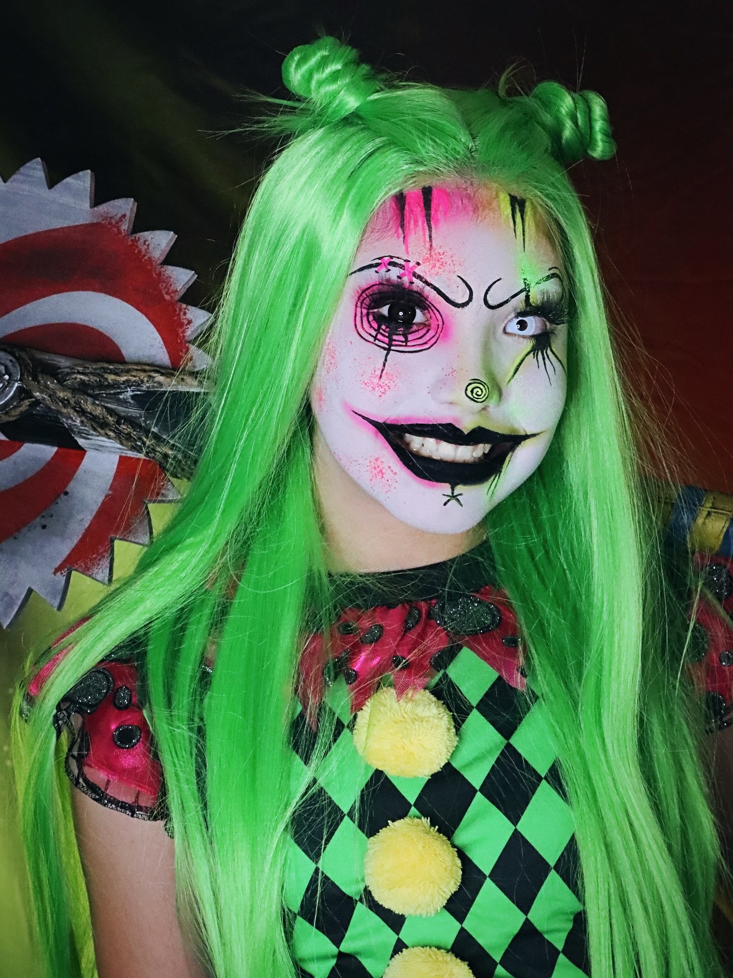 Electric Lime Clown Pigtail Buns With Blunt Length